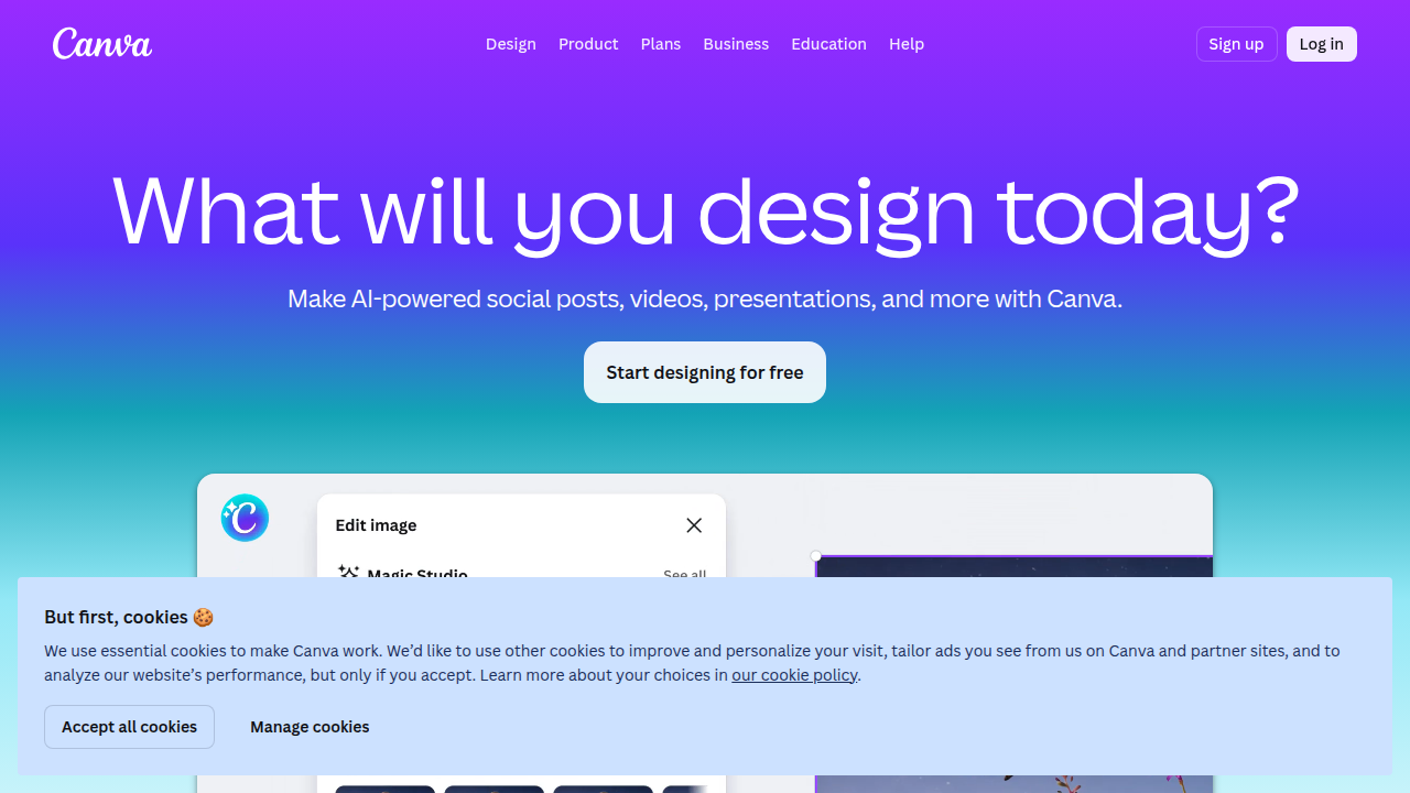 A screenshot of the Canva homepage, representing user-friendly graphic design tools essential for creating engaging visuals for affiliate content.