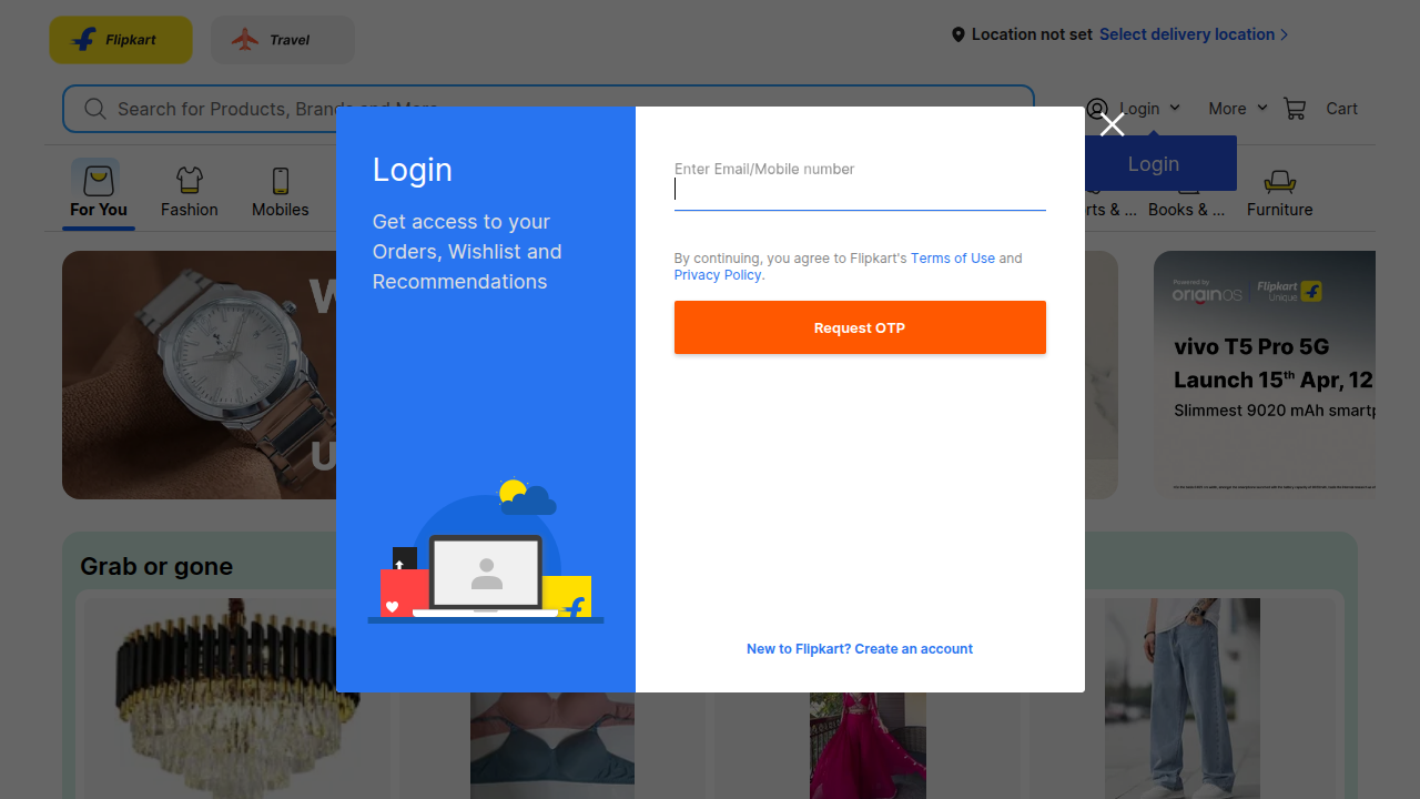 The homepage of Flipkart, India's largest online store, showcasing a wide range of products for potential affiliate promotions.
