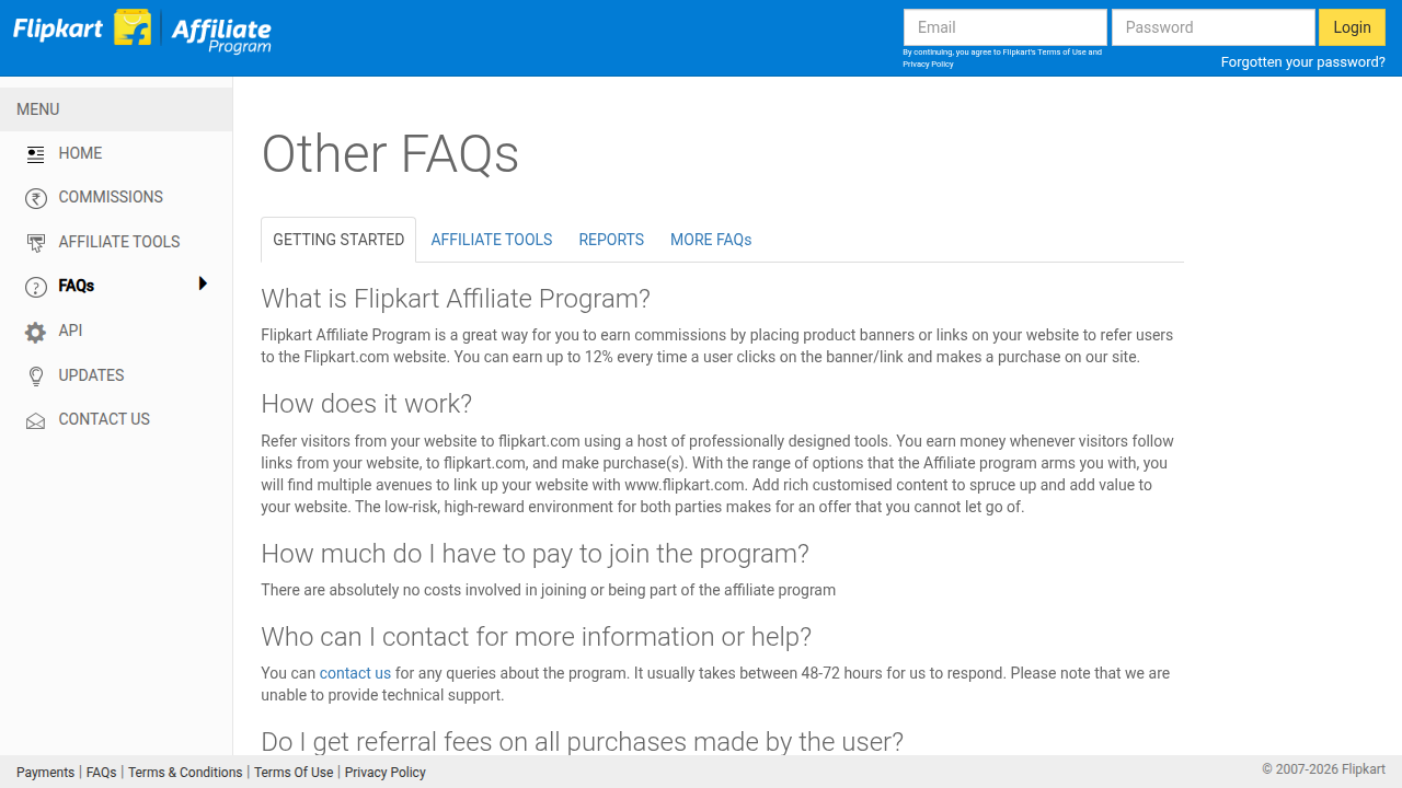 The official FAQs page for the Flipkart Affiliate Program, providing answers to common questions about earning commissions.