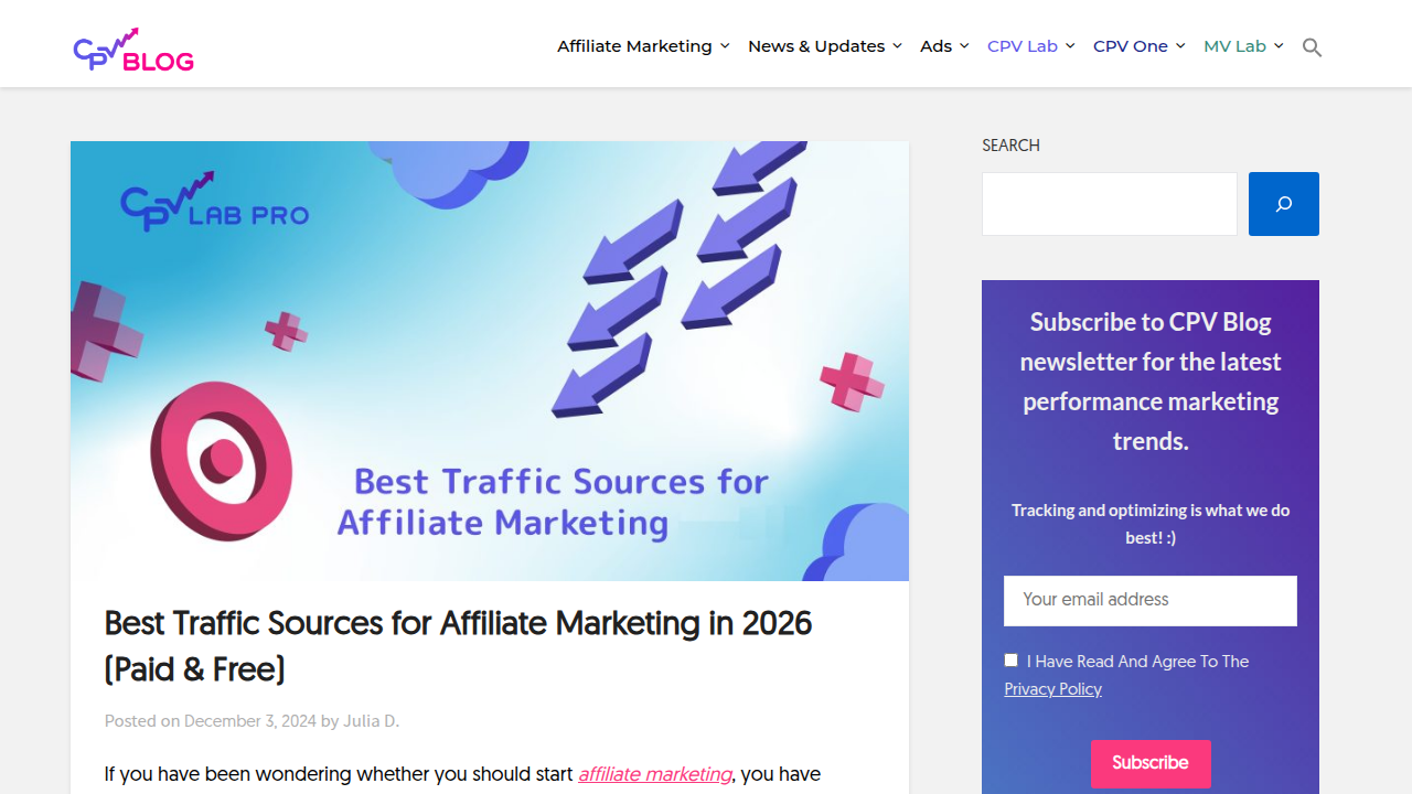 A screenshot of the blog article 'Best Traffic Sources for Affiliate Marketing in 2026' from cpvlab.pro, referenced for advanced tactics.
