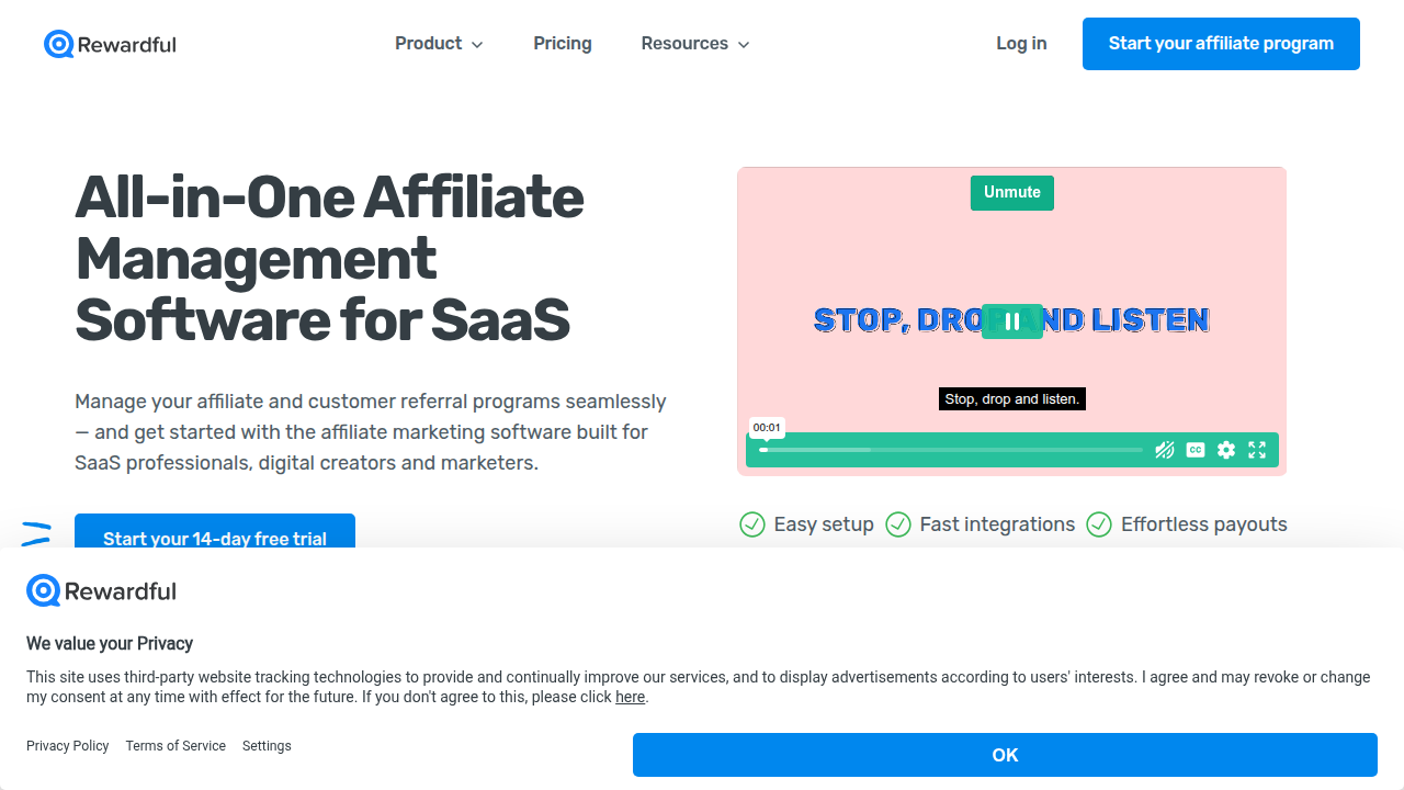 The homepage of Rewardful, a platform for managing affiliate and referral programs, often featuring lists of top-performing affiliate programs.