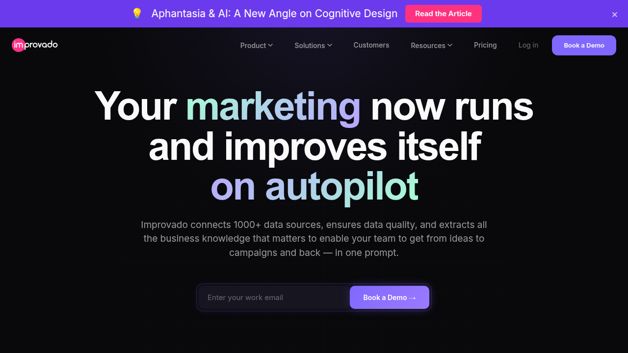 The homepage of Improvado, a platform that helps consolidate and visualize marketing data, including affiliate campaign performance.