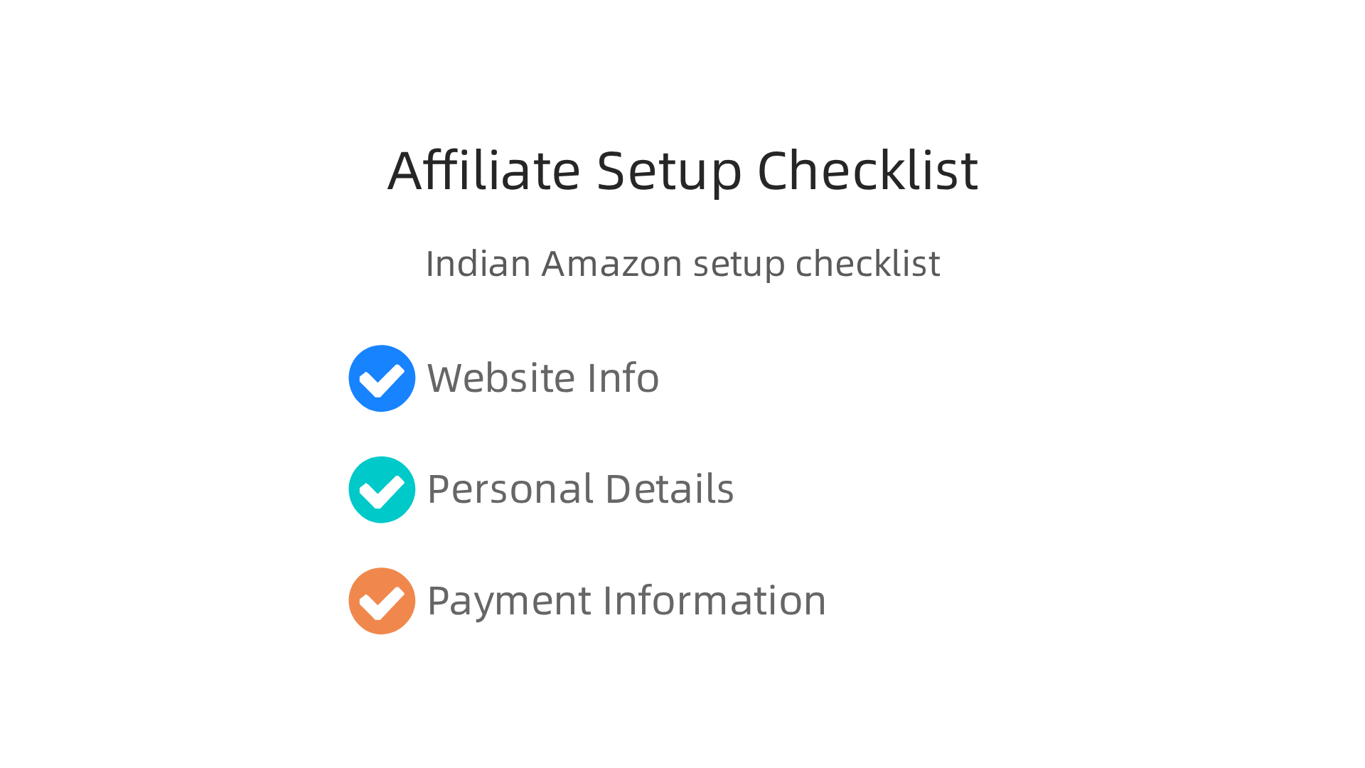 An infographic detailing the essential checklist for setting up an Amazon Associates account in India, including website info, personal details, and payment information.