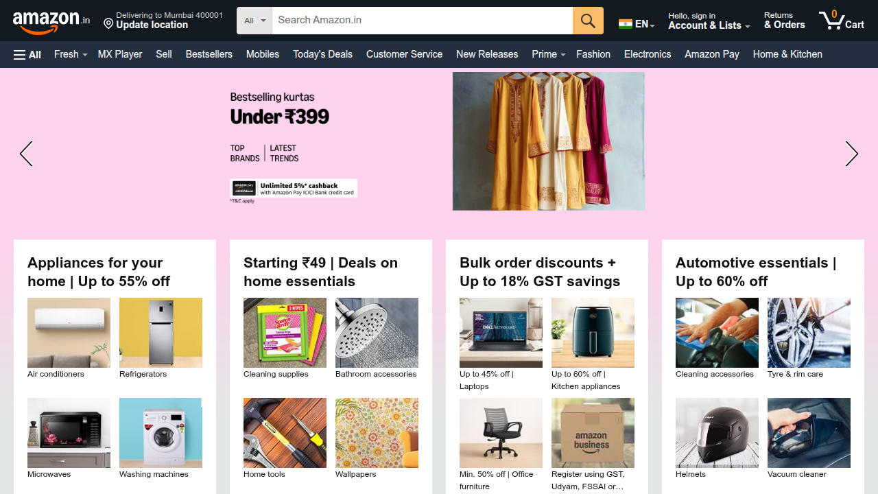 Screenshot of the Amazon India (Amazon.in) homepage, showcasing the vast range of products available for promotion by affiliates.