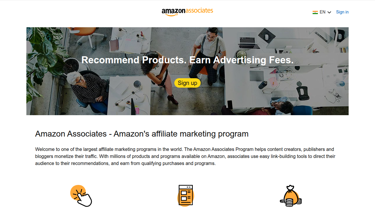 Screenshot of the Amazon Associates program homepage for India, where aspiring affiliates can begin their account setup process.