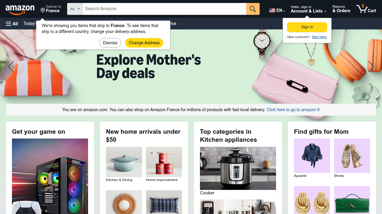 The Amazon homepage, where millions of products are available for affiliate promotion.