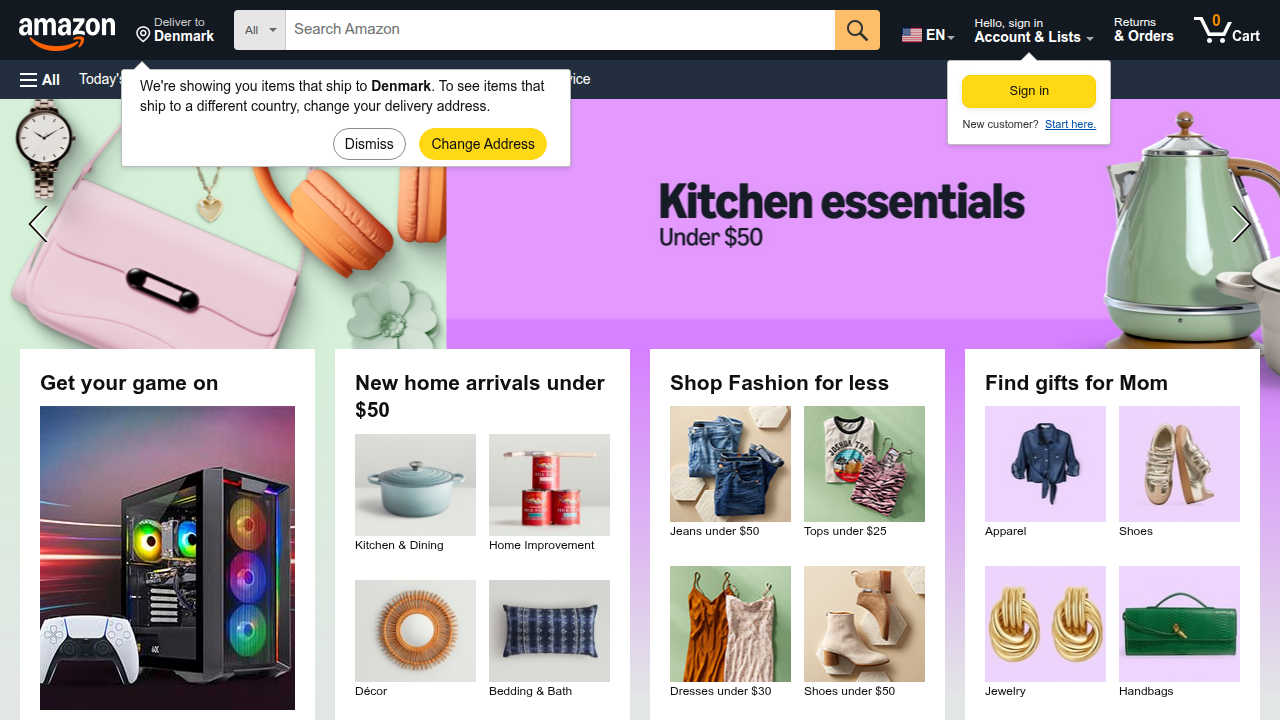 A screenshot of the Amazon.com homepage, representing the vast marketplace that underpins affiliate marketing efforts.