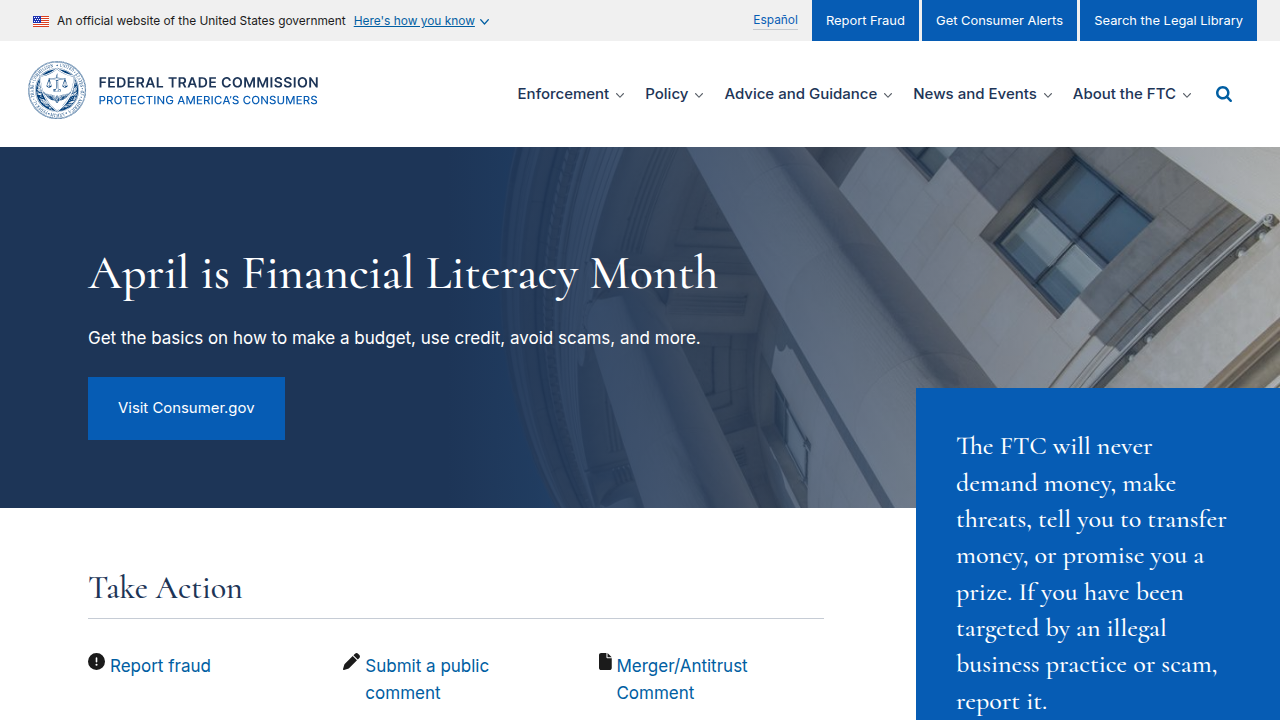 The official homepage of the Federal Trade Commission, highlighting the source of guidelines for affiliate disclosures.