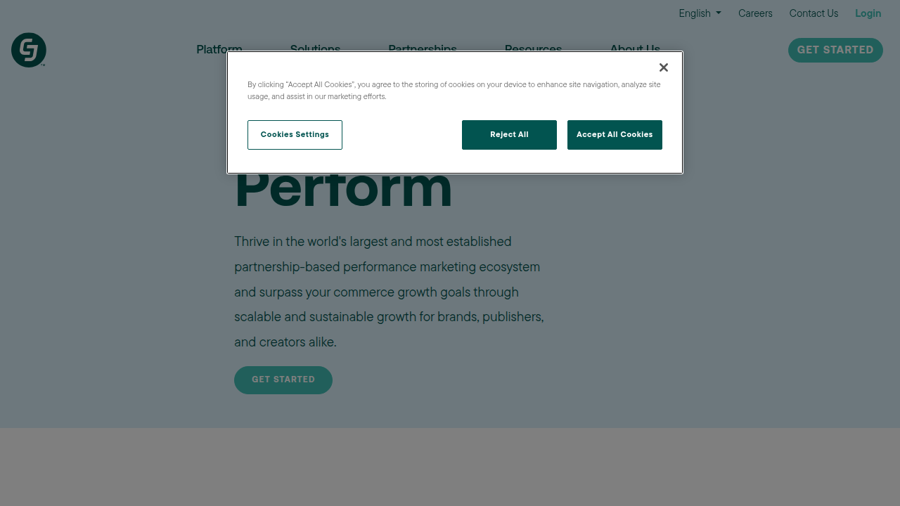 A view of the CJ Affiliate homepage, a leading affiliate marketing network providing access to numerous merchant programs.