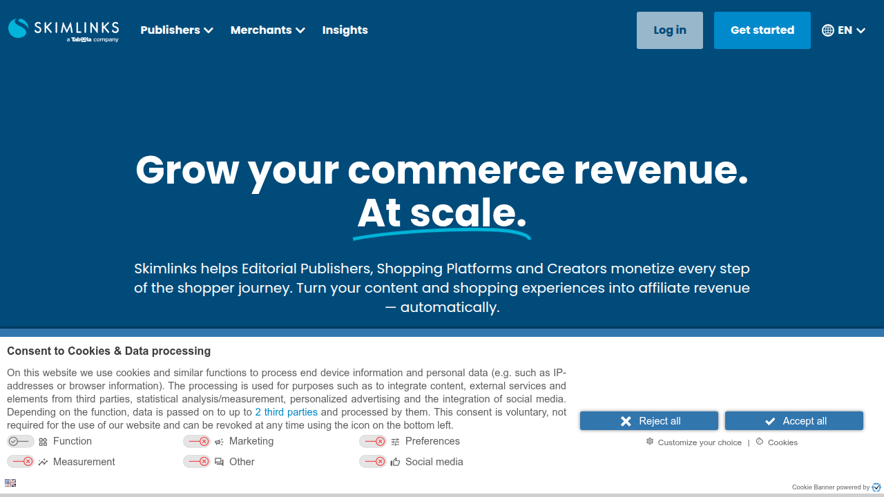 The homepage of Skimlinks, a niche affiliate network specializing in fashion and lifestyle publishers.