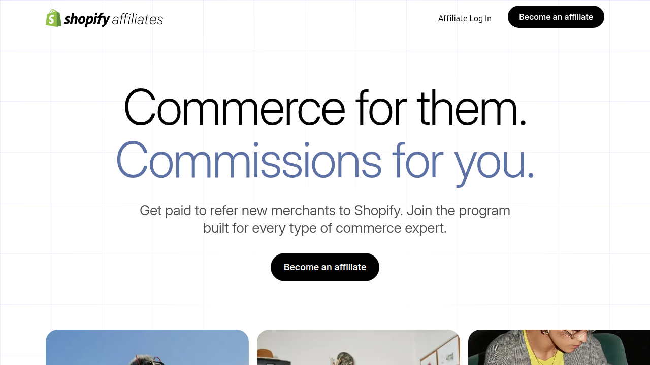 A screenshot of the Shopify Affiliate Program page, detailing how partners can earn commissions by referring merchants.