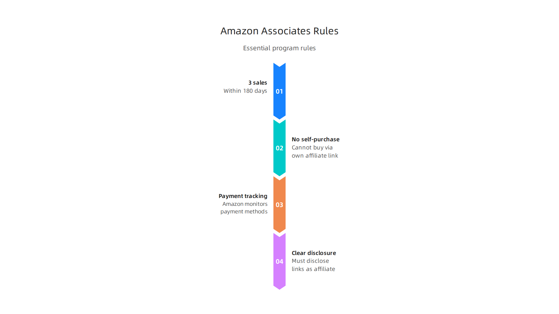 A visual summary of essential rules for Amazon Associates, including sales targets, purchasing restrictions, and disclosure requirements.