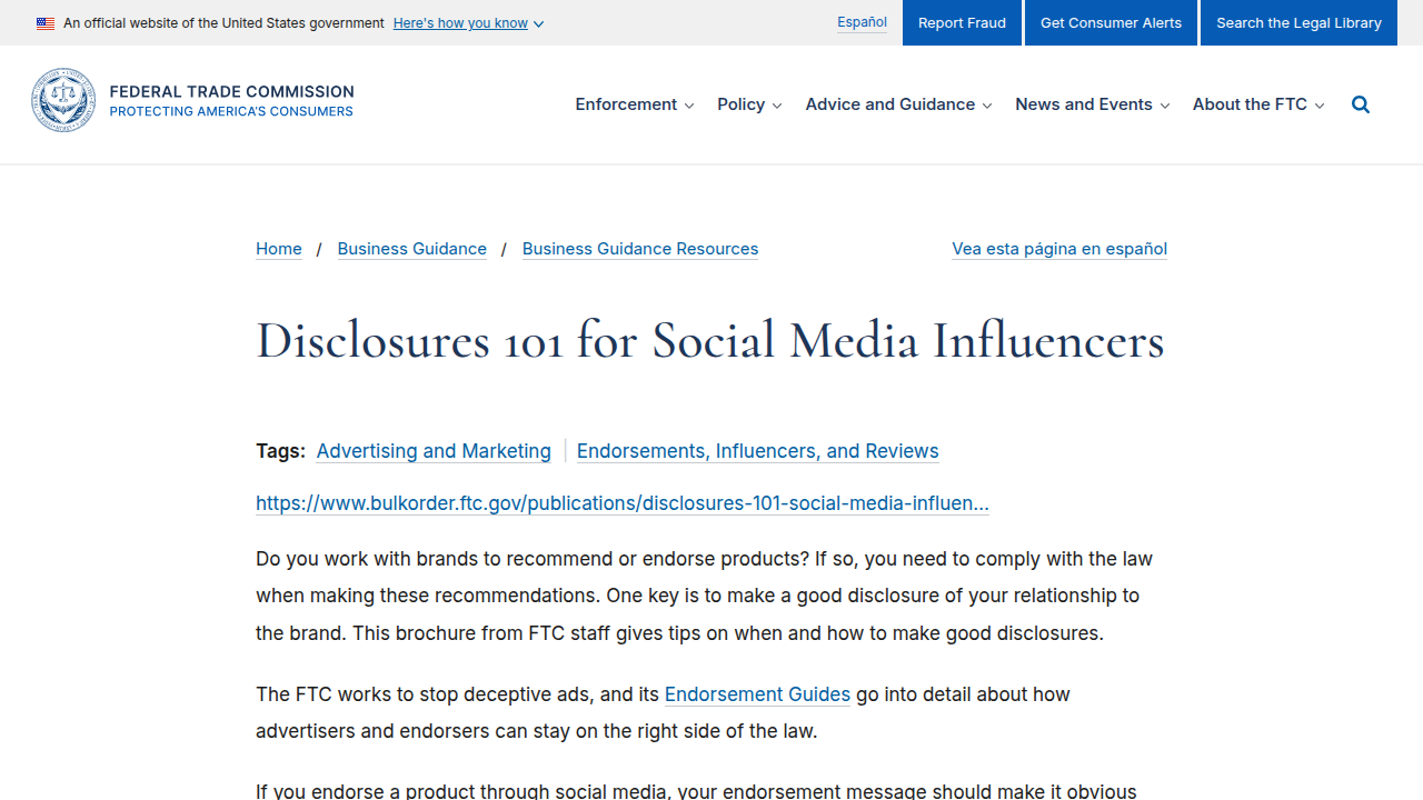 The Federal Trade Commission (FTC) website, emphasizing the importance of clear and legal affiliate link disclosures.