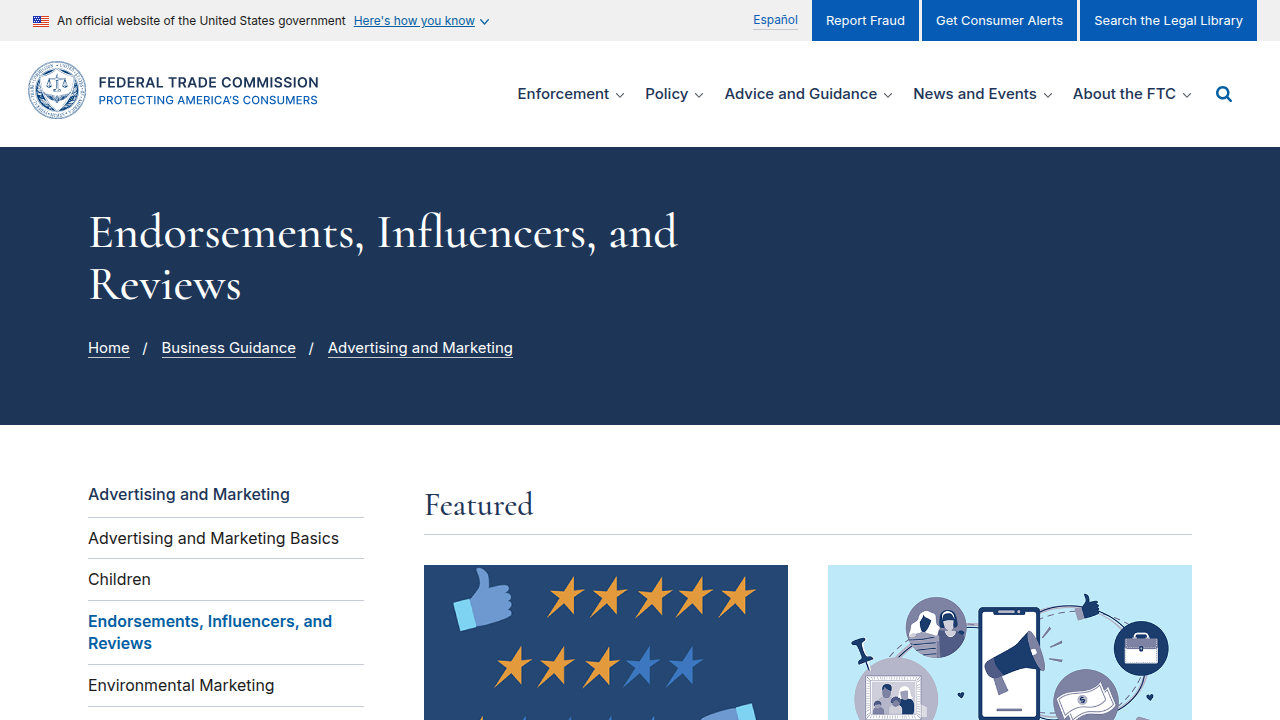 A screenshot of the Federal Trade Commission's guidance on endorsements, influencers, and reviews, emphasizing the importance of compliance.