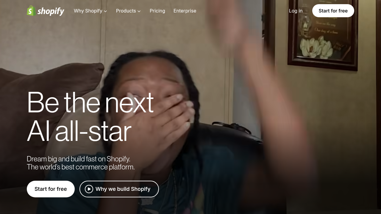 The homepage of Shopify, a platform relevant to e-commerce and affiliate marketing, as it's referenced for its roundup of affiliate networks.