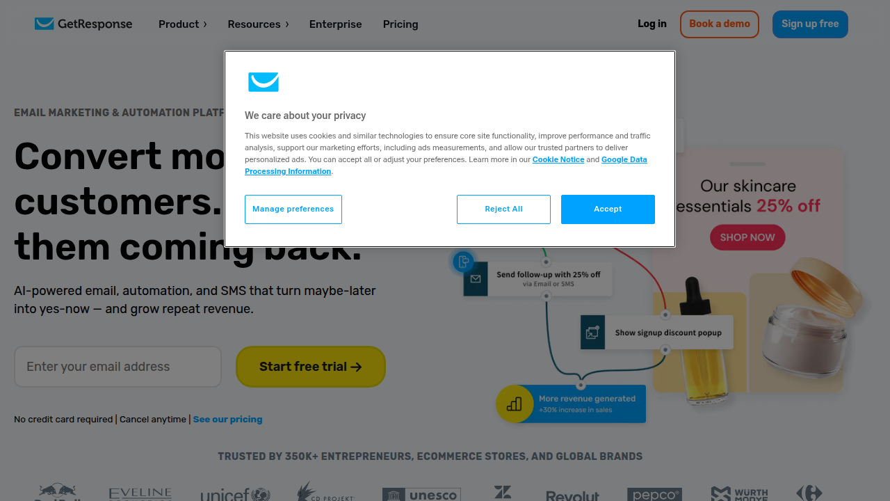 The homepage of GetResponse, a marketing automation platform that can streamline communication with affiliates through automated emails and newsletters.
