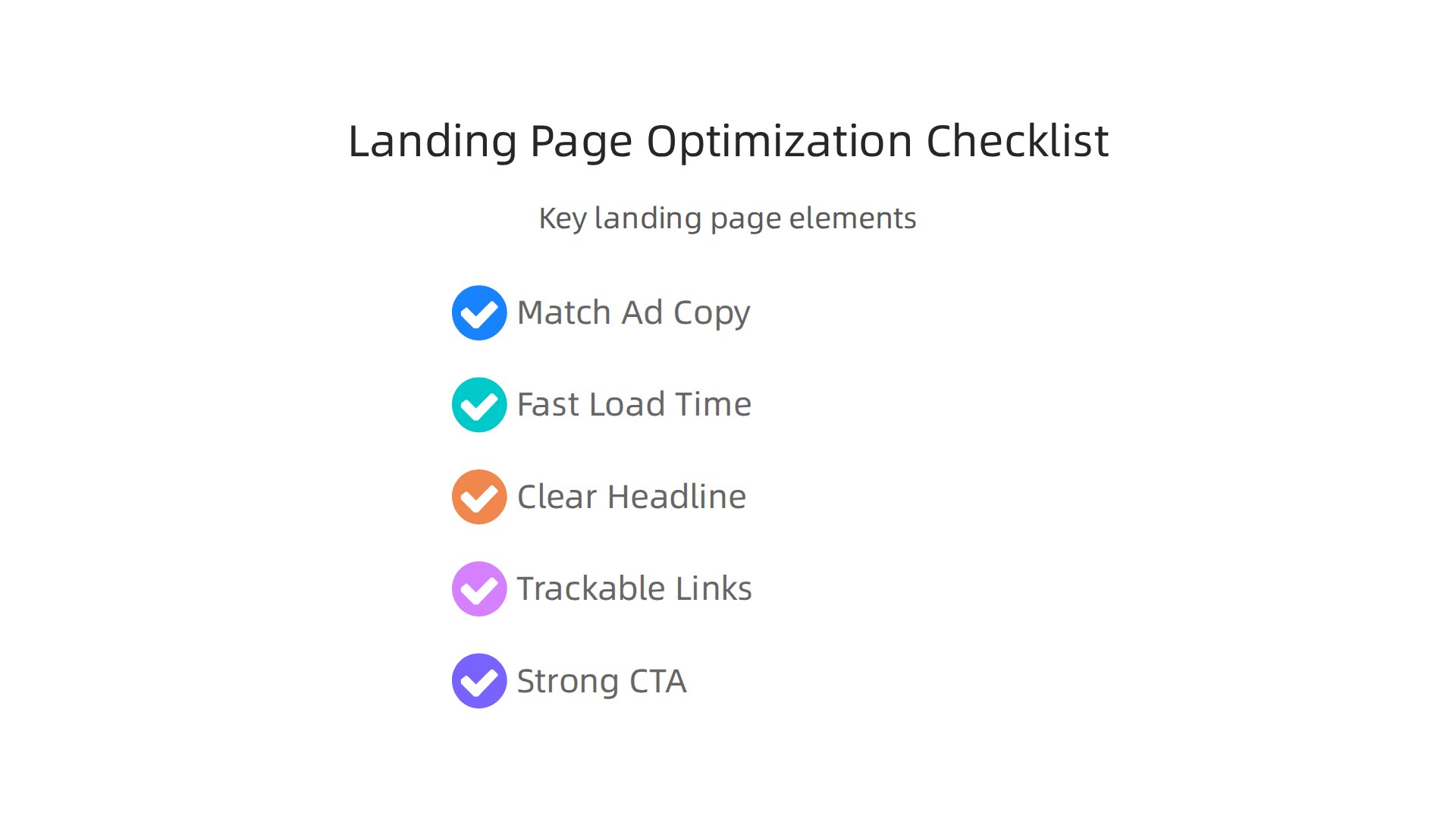 Key elements for an optimized landing page, ensuring it aligns with ad copy, loads fast, and has a clear call to action.