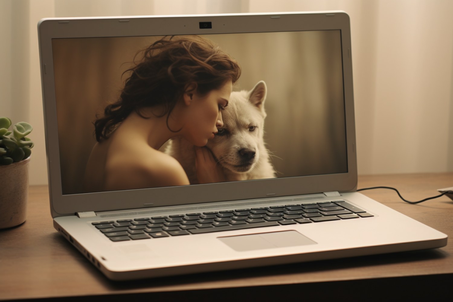 A content creator working on a laptop, possibly writing reviews or guides, with a pet nearby, symbolizing the creation of useful pet content.