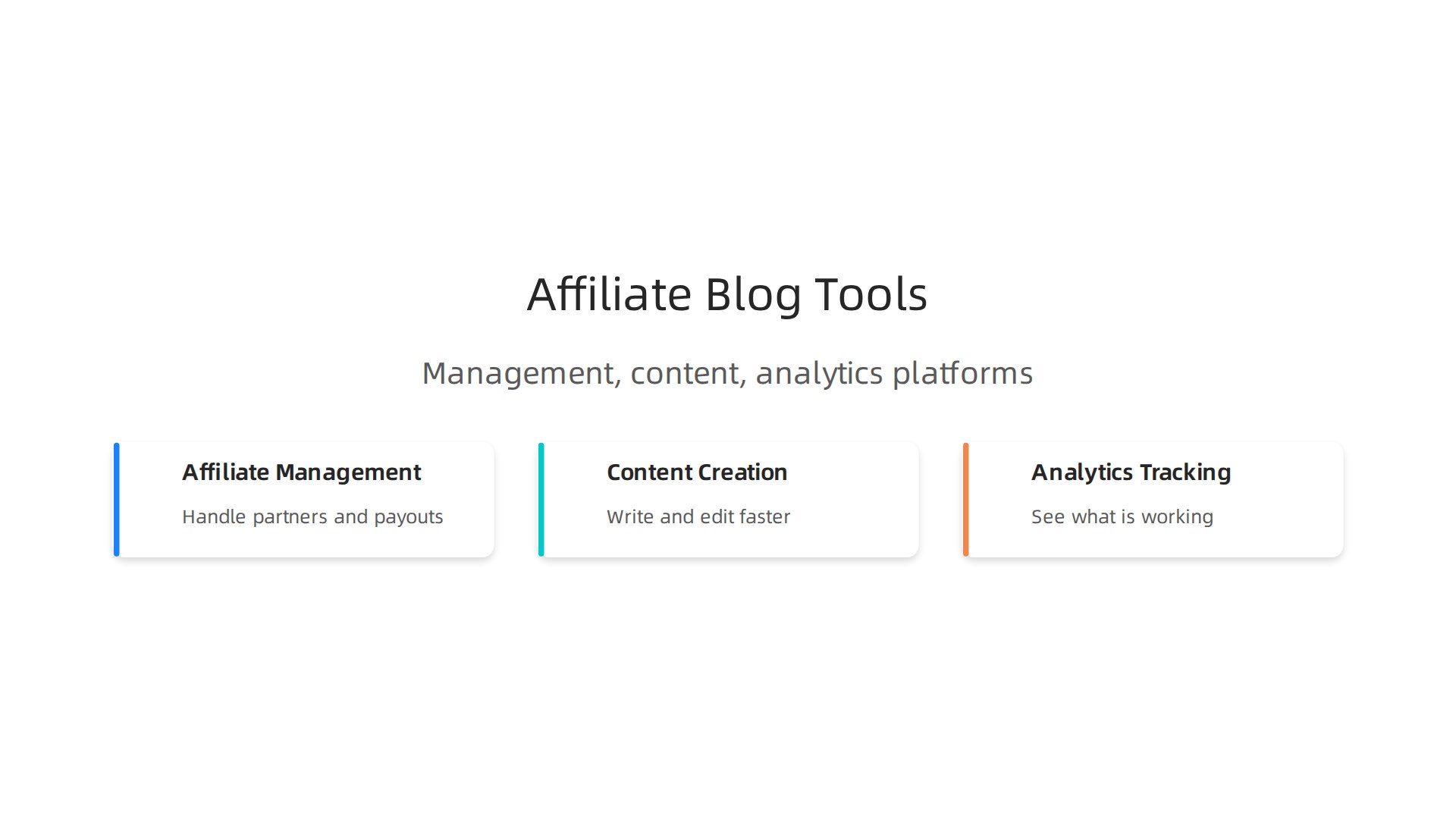 An infographic categorizing essential tools for affiliate marketing blogs: affiliate management, content creation, and analytics/tracking platforms.
