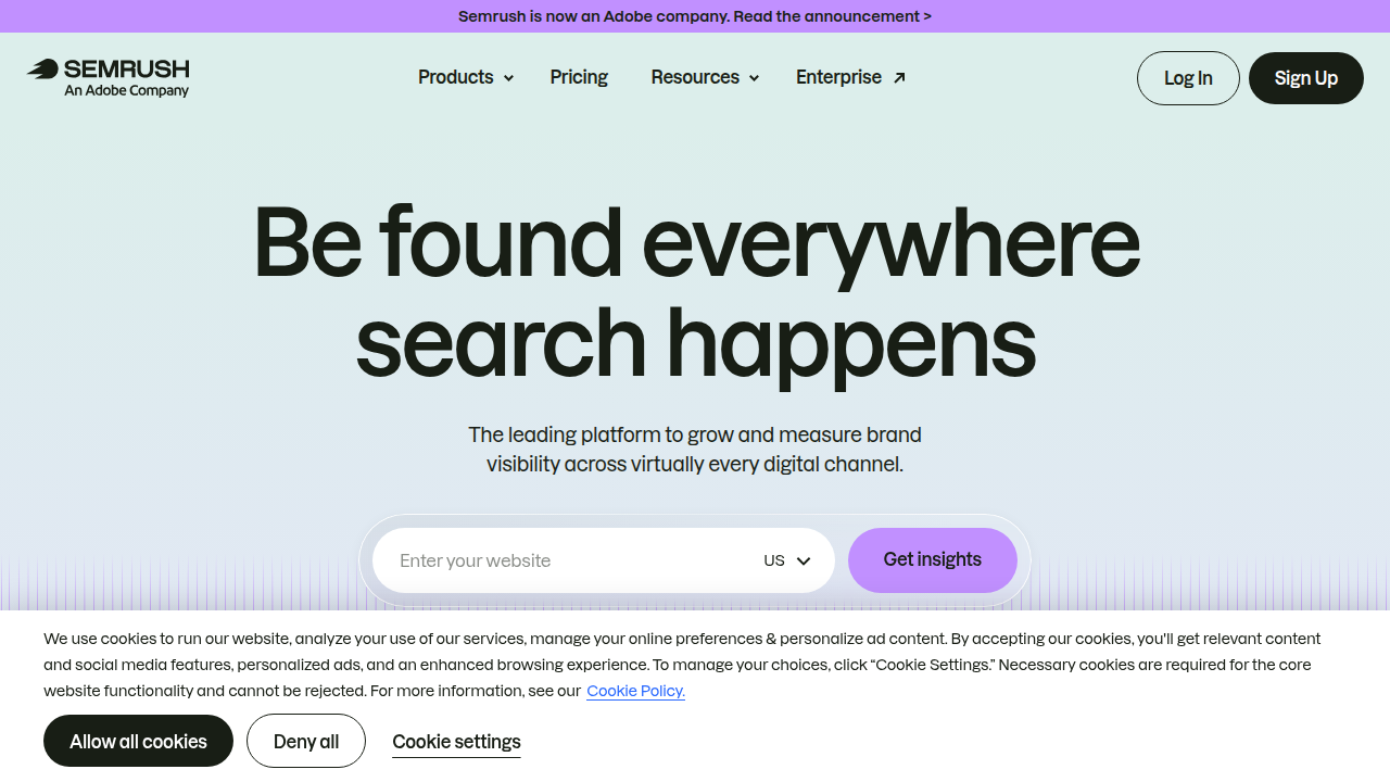 The official Semrush homepage, showcasing its brand as a leader in SEO and digital marketing tools.