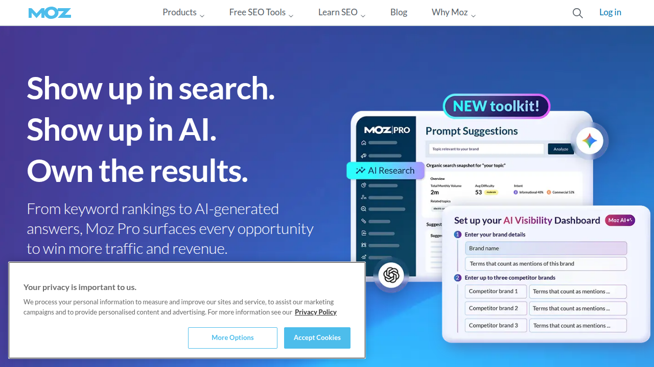 The official homepage of Moz, a key competitor in the SEO tools market, for comparison with Semrush.
