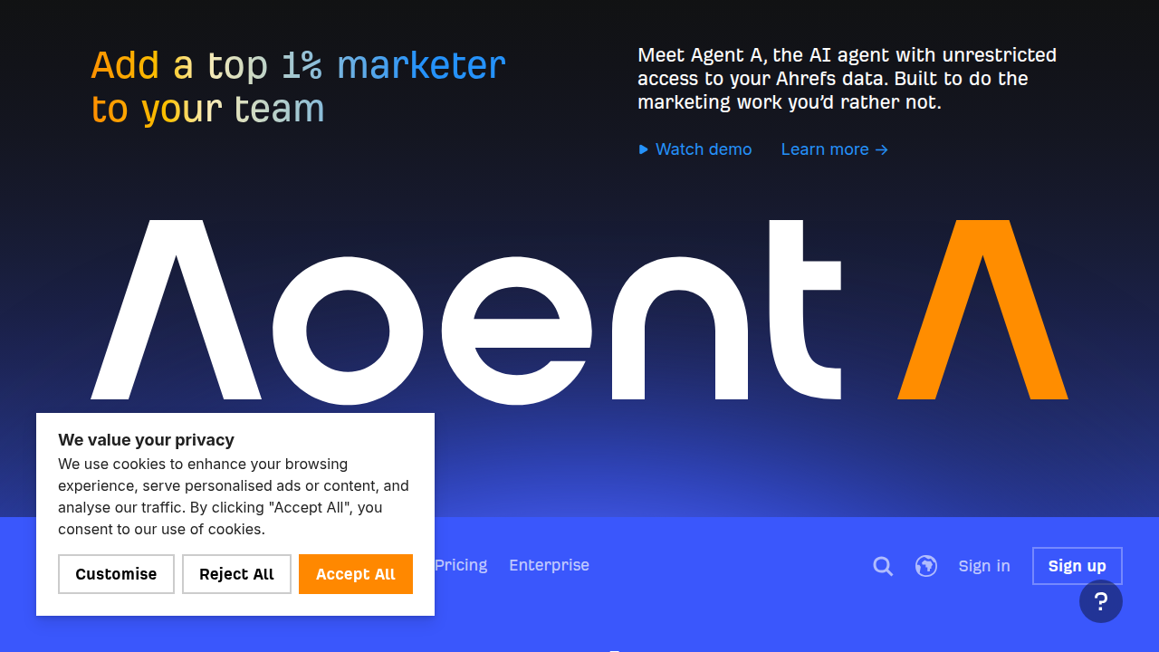 The official homepage of Ahrefs, another major competitor in the SEO tools and backlink analysis space.