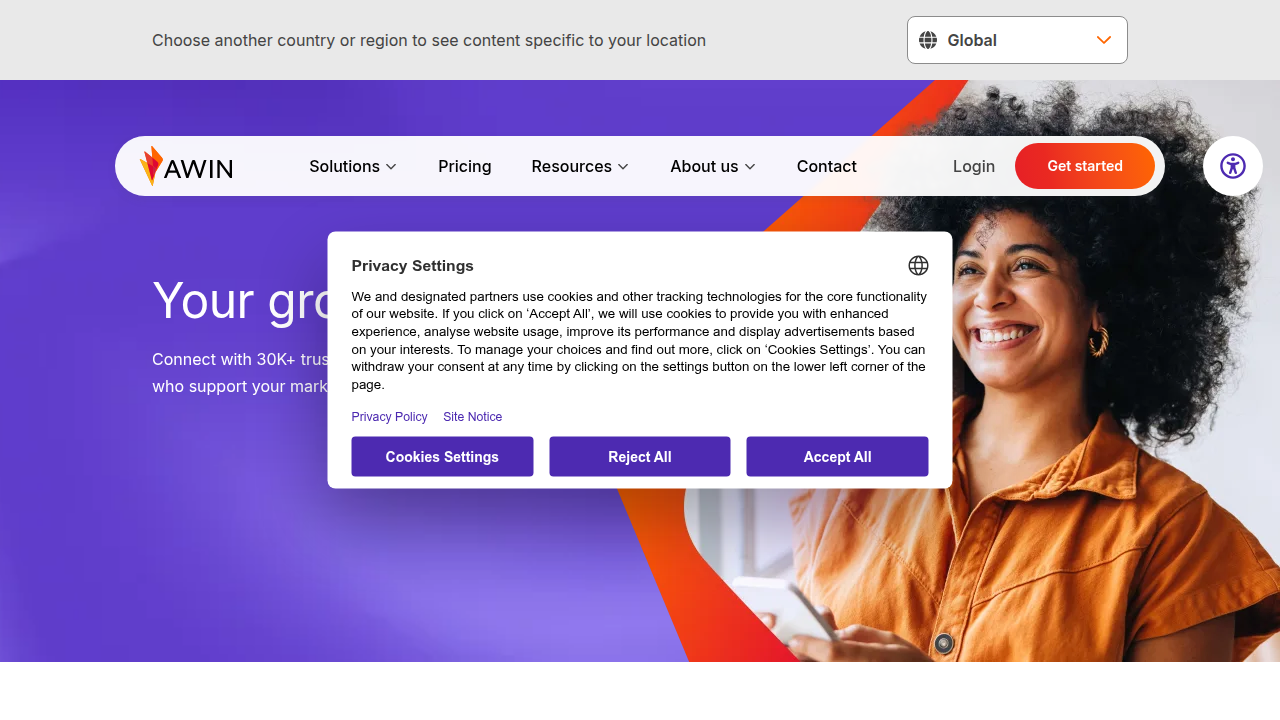 A snapshot of the Awin affiliate program's official website, a leading global affiliate network.