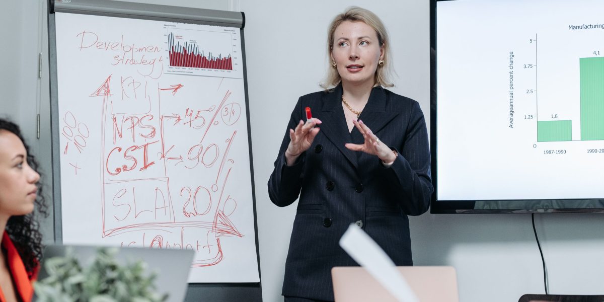 A confident speaker presenting to an audience, symbolizing transparency and building rapport.