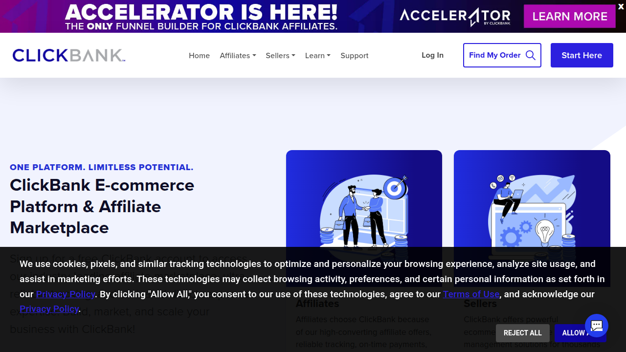 The Clickbank homepage, gateway to thousands of digital products for affiliate promotion.