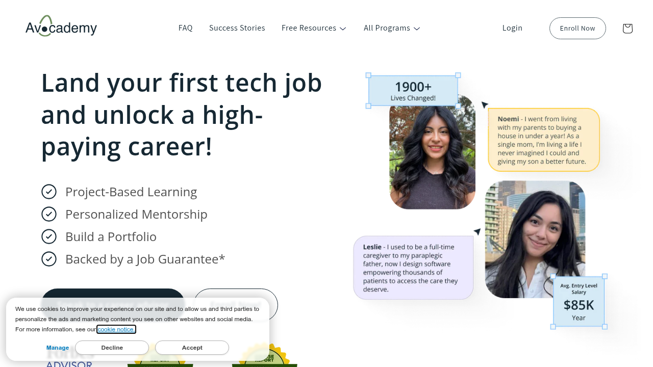 The homepage of Avocademy, an online platform offering design and digital skills training, beneficial for affiliates and merchants.