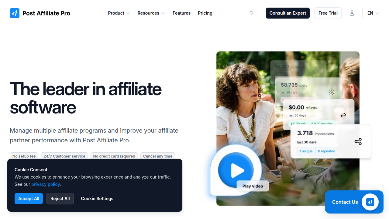 Post Affiliate Pro is an affiliate tracking software that helps businesses manage and track their affiliate programs.