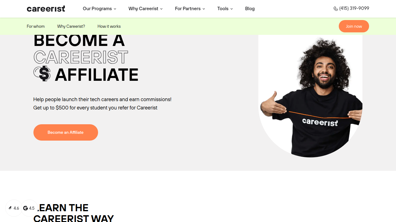Careerist offers training and career acceleration programs, including opportunities for affiliate partnerships in the tech education sector.