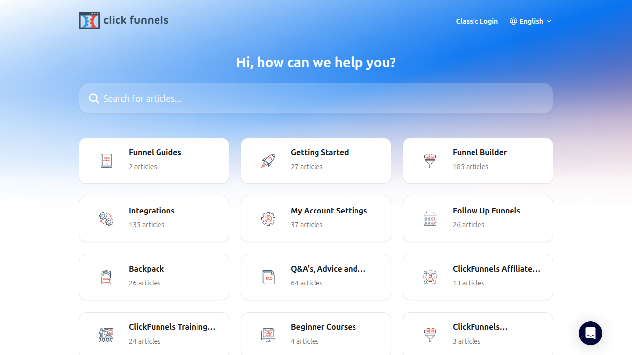 Screenshot of the ClickFunnels support portal, a resource providing help documentation and affiliate program details.