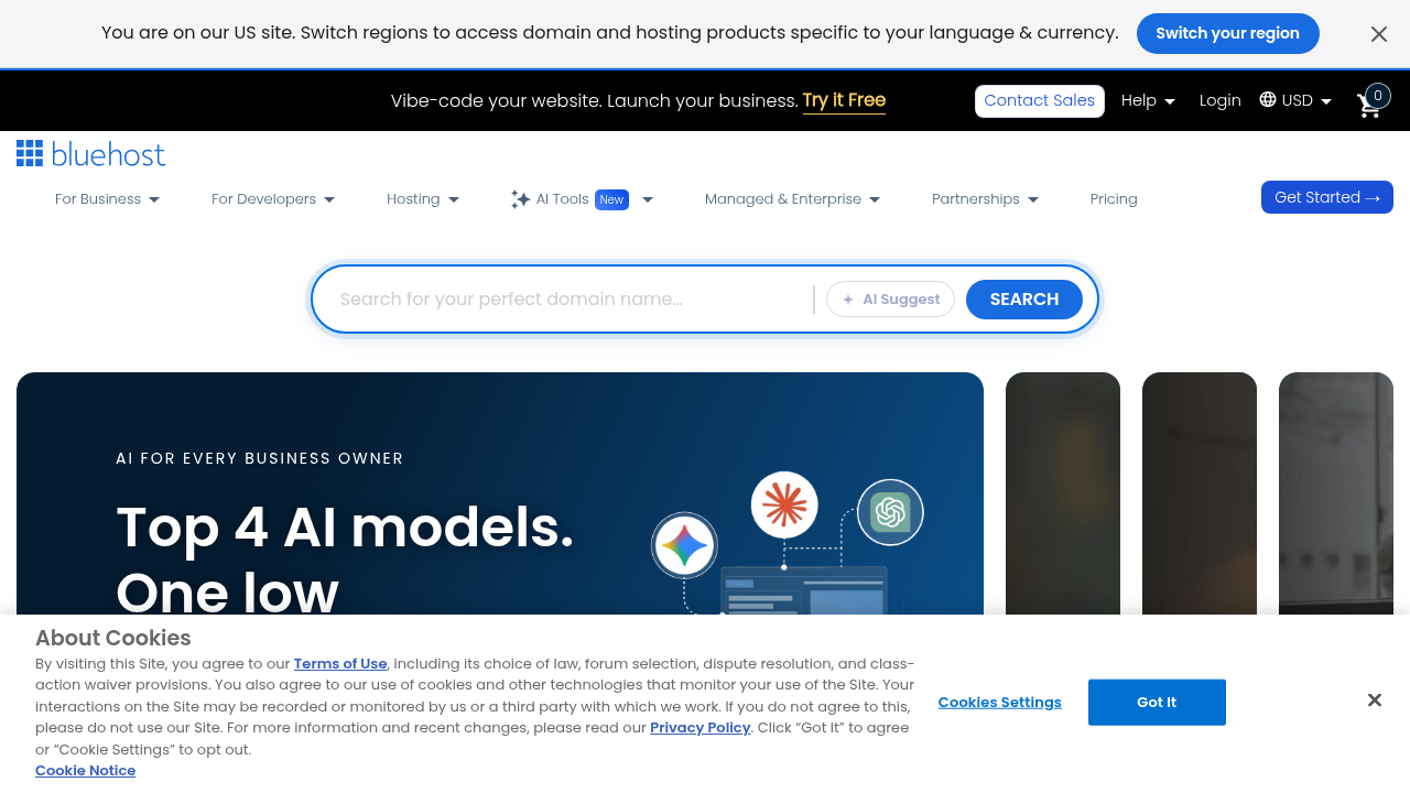 Screenshot of the Bluehost homepage, a popular web hosting provider relevant for affiliate website setup.