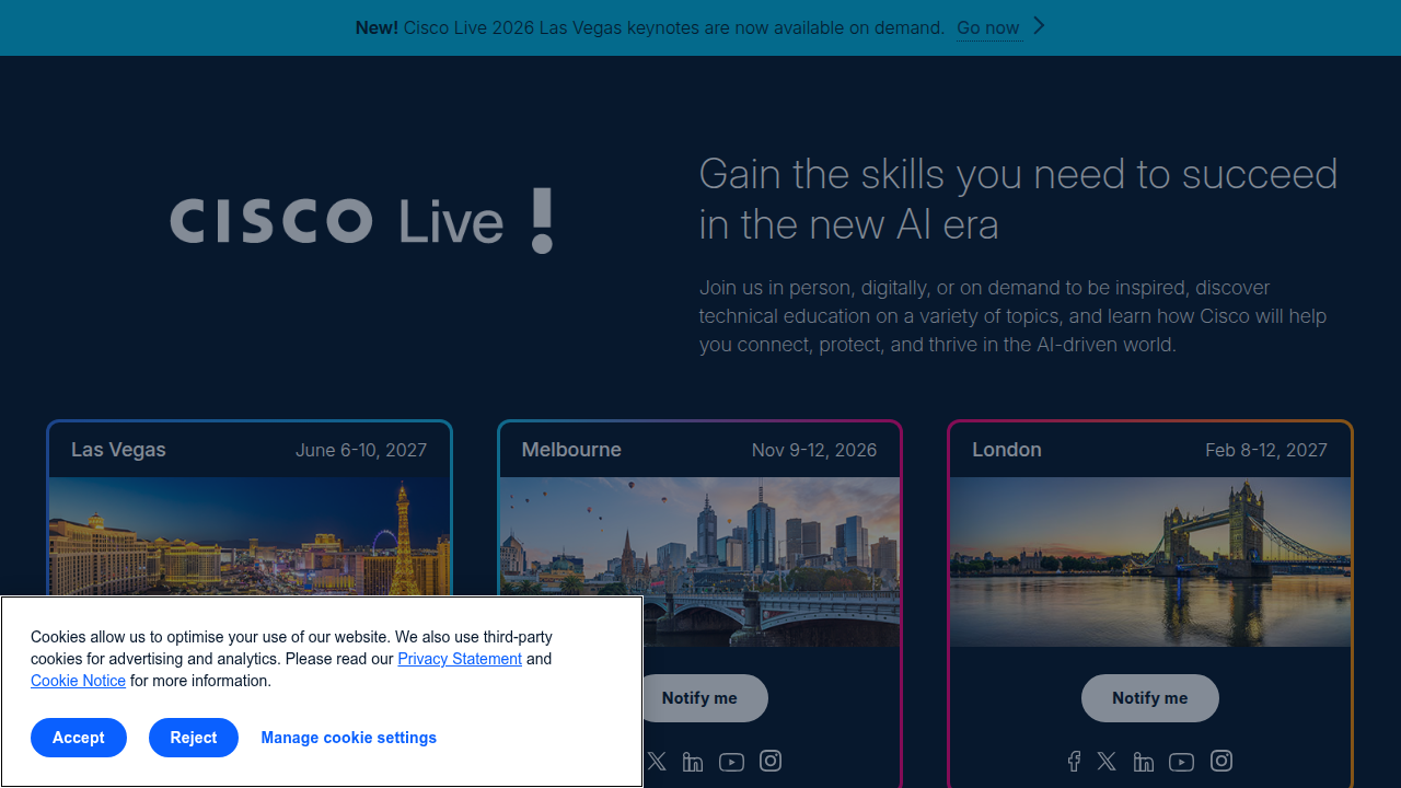 A screenshot of the Cisco Live website, showcasing a professional corporate presence.
