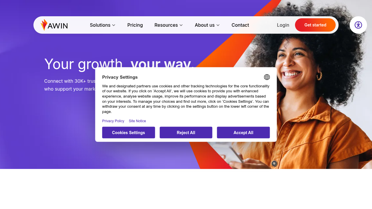 A screenshot of the Awin (formerly ShareASale) platform homepage, a popular affiliate network.