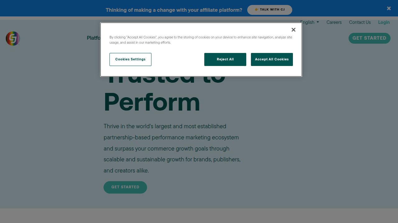 A screenshot of the CJ Affiliate (Commission Junction) homepage, showcasing its professional interface.
