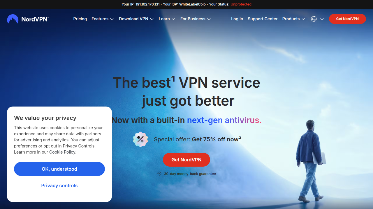 The official website for NordVPN, a widely recognized virtual private network service.