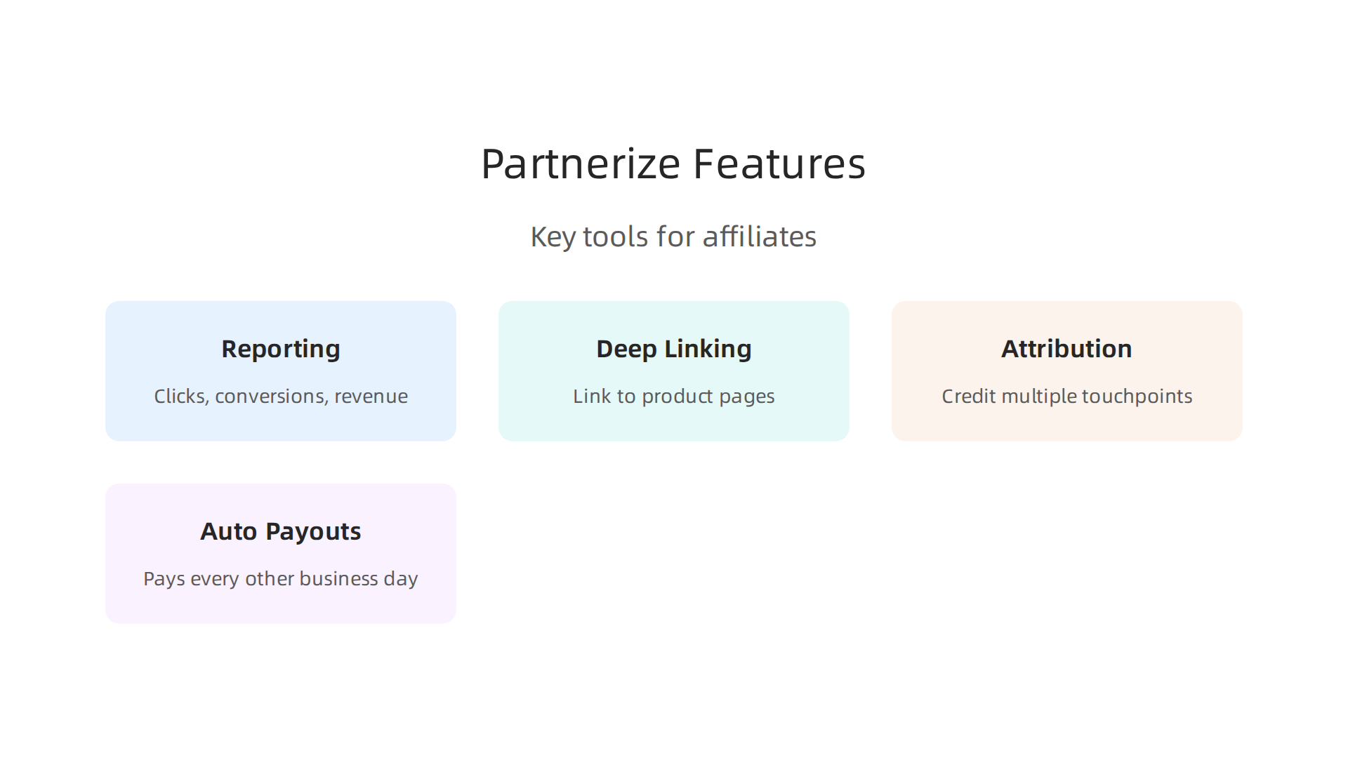 Affiliates benefit from Partnerize's real-time analytics, deep linking, multi-touch attribution, and automatic payouts.