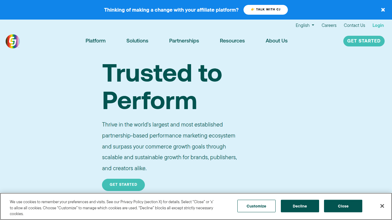 The homepage of CJ Affiliate, the primary network used by Macy's to manage its affiliate program.