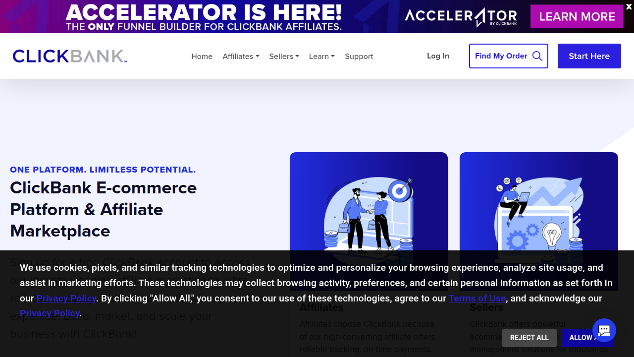 Screenshot of the ClickBank homepage, another major affiliate marketplace.