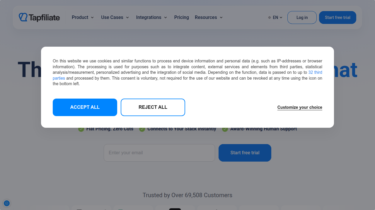 A screenshot of the Tapfiliate website, a platform for managing affiliate programs.