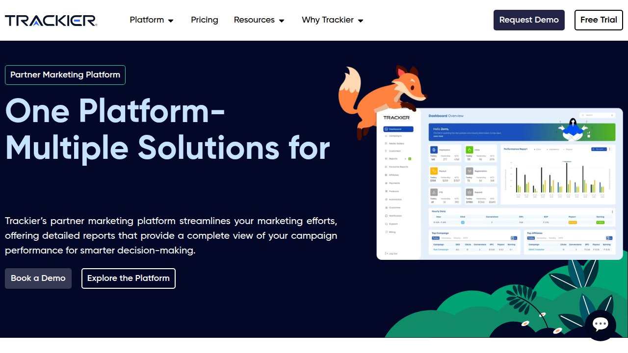 A screenshot of the Trackier website, a platform for performance marketing and affiliate tracking.