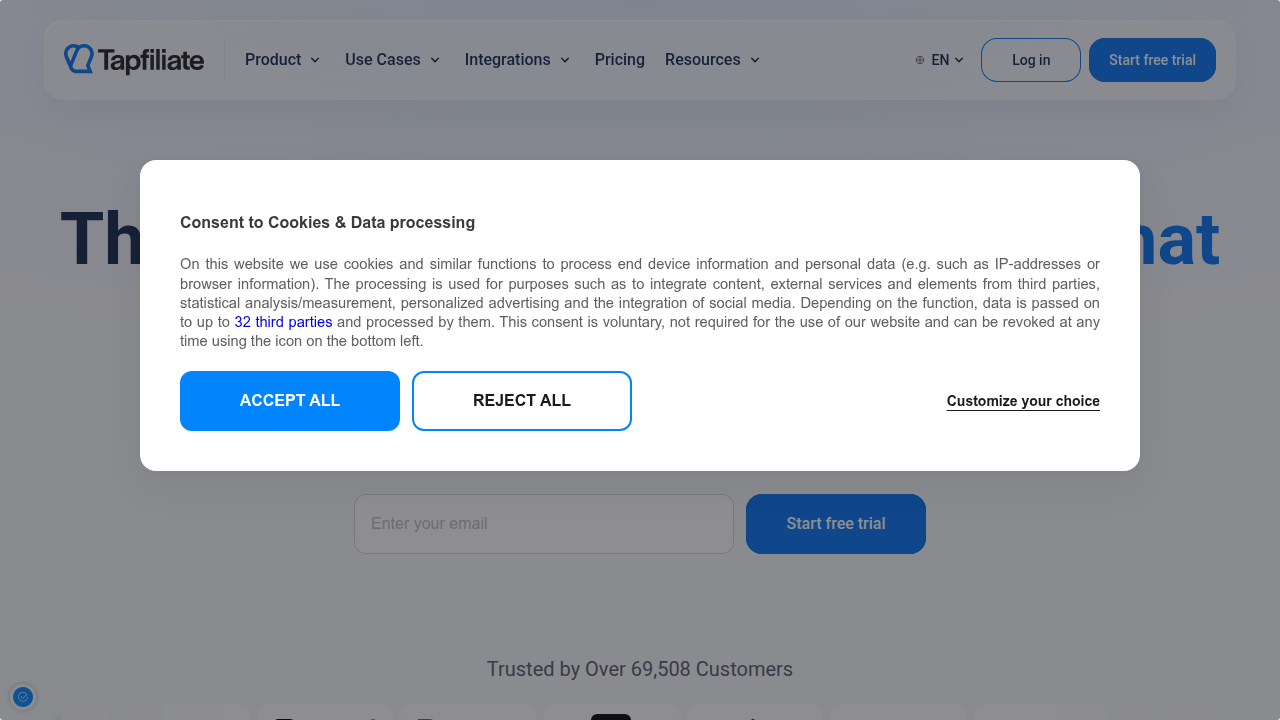 Tapfiliate's website, a platform for affiliate tracking and management.