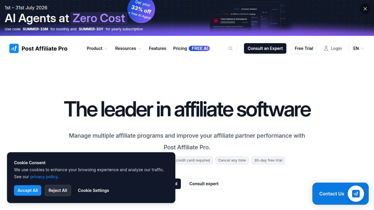 Post Affiliate Pro's official website, offering comprehensive affiliate tracking software.