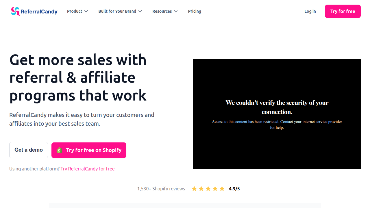 ReferralCandy's website, providing referral and affiliate program software.