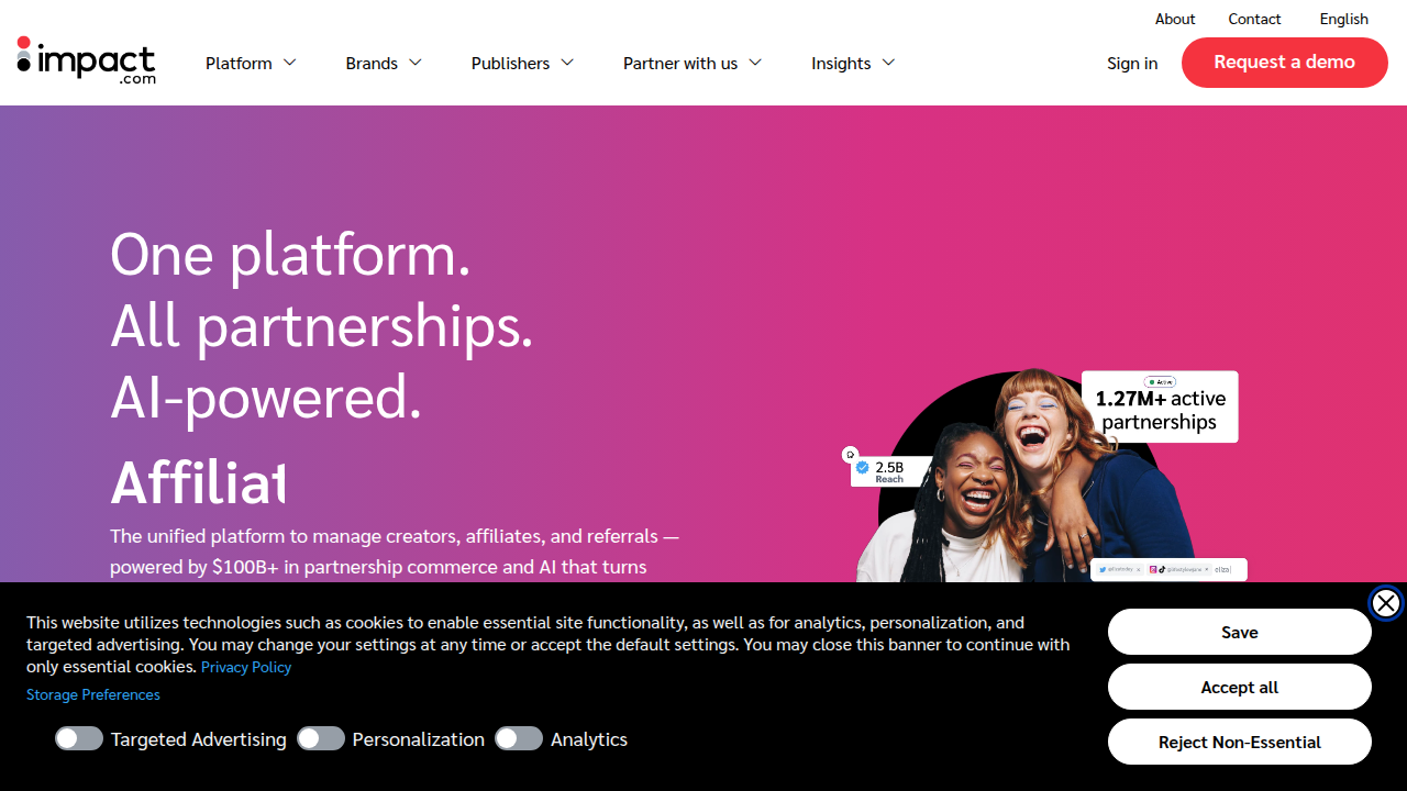 Manage various partner programs, including affiliates and influencers, on the Impact platform.