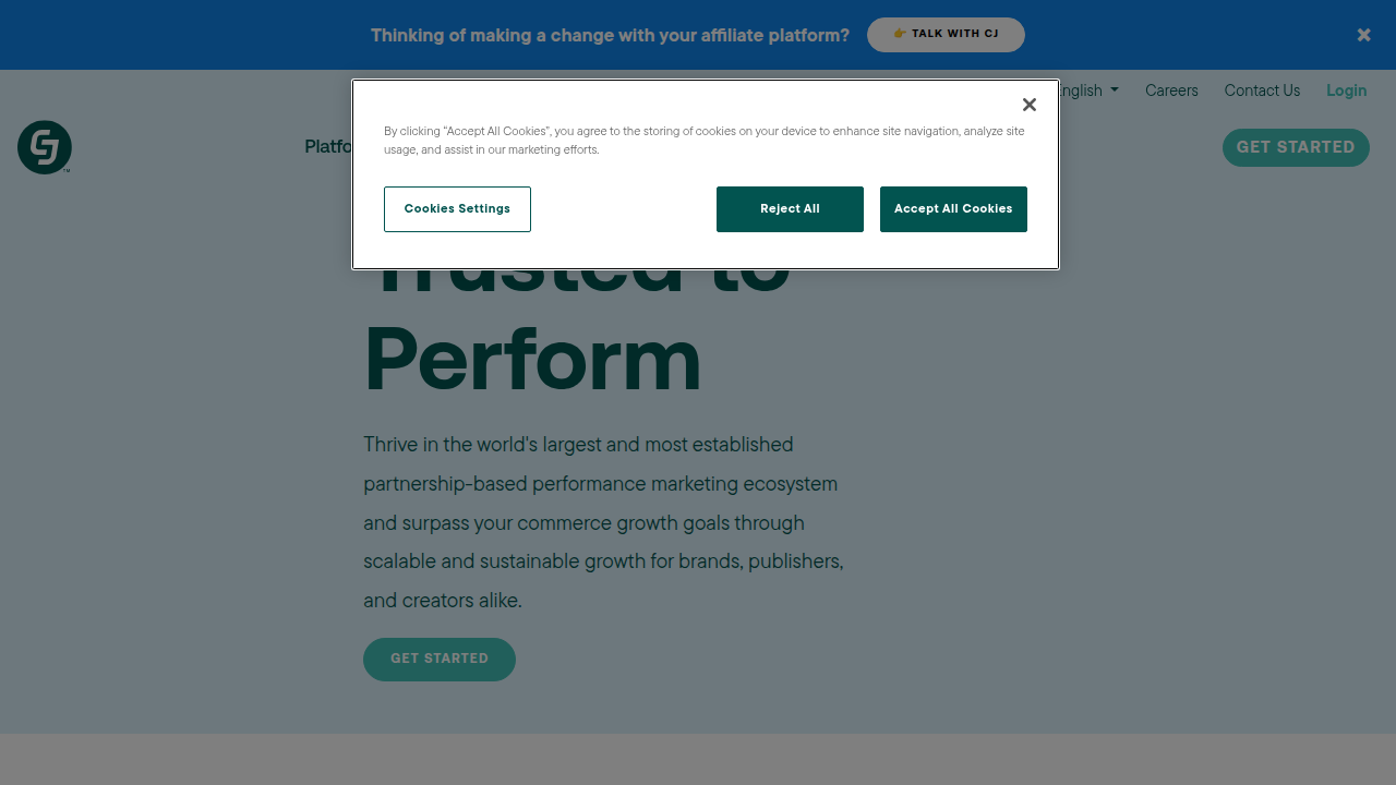 The homepage of CJ Affiliate (formerly Commission Junction), a large global affiliate network.