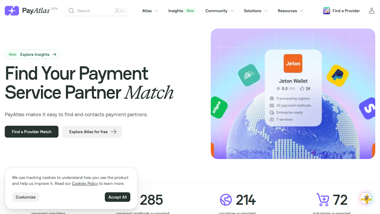 The Payatlas homepage, providing insights into payment processing in various countries including Pakistan.