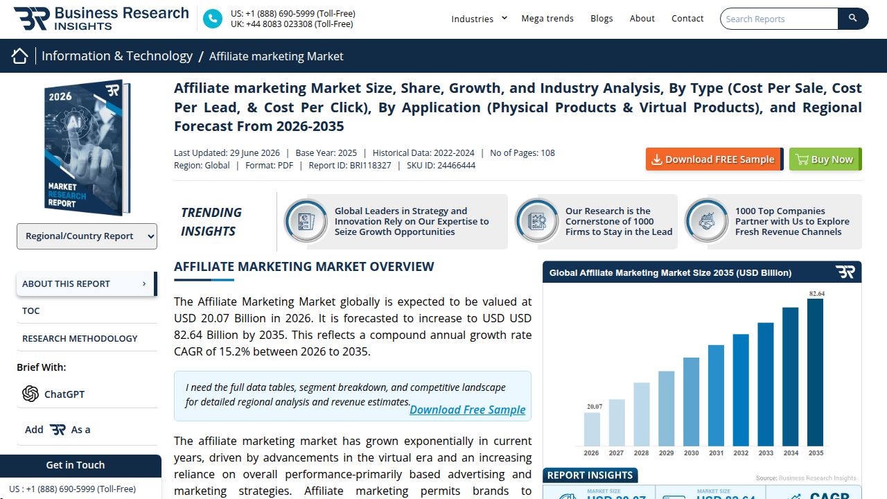 Screenshot of a report highlighting the projected growth of the global affiliate marketing market to $20.07 billion by 2026.